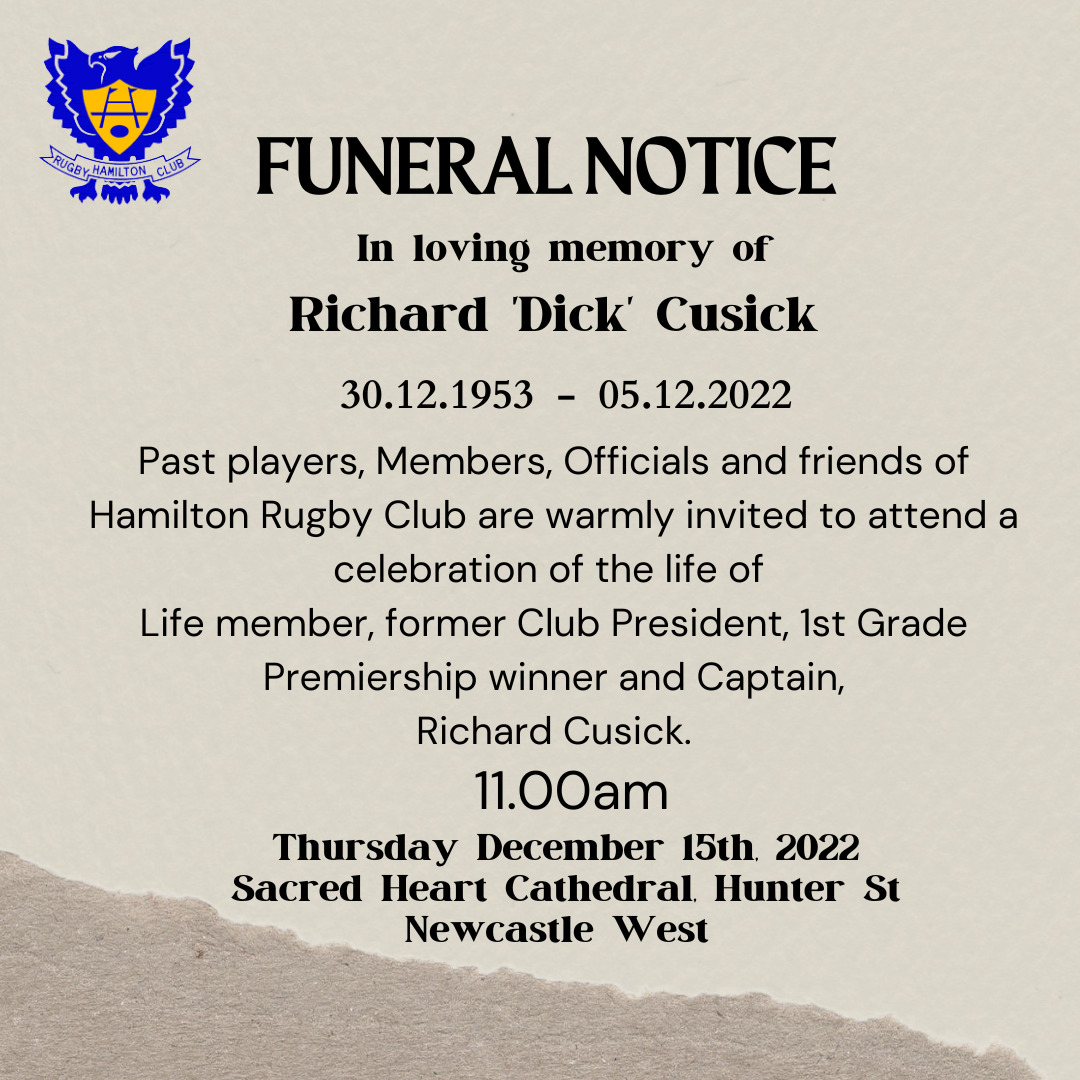 funeral notice, Vale Richard Cusick, Hamilton Rugby Club